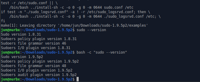 results of sudo --version command showing that I've installed newer version of sudo